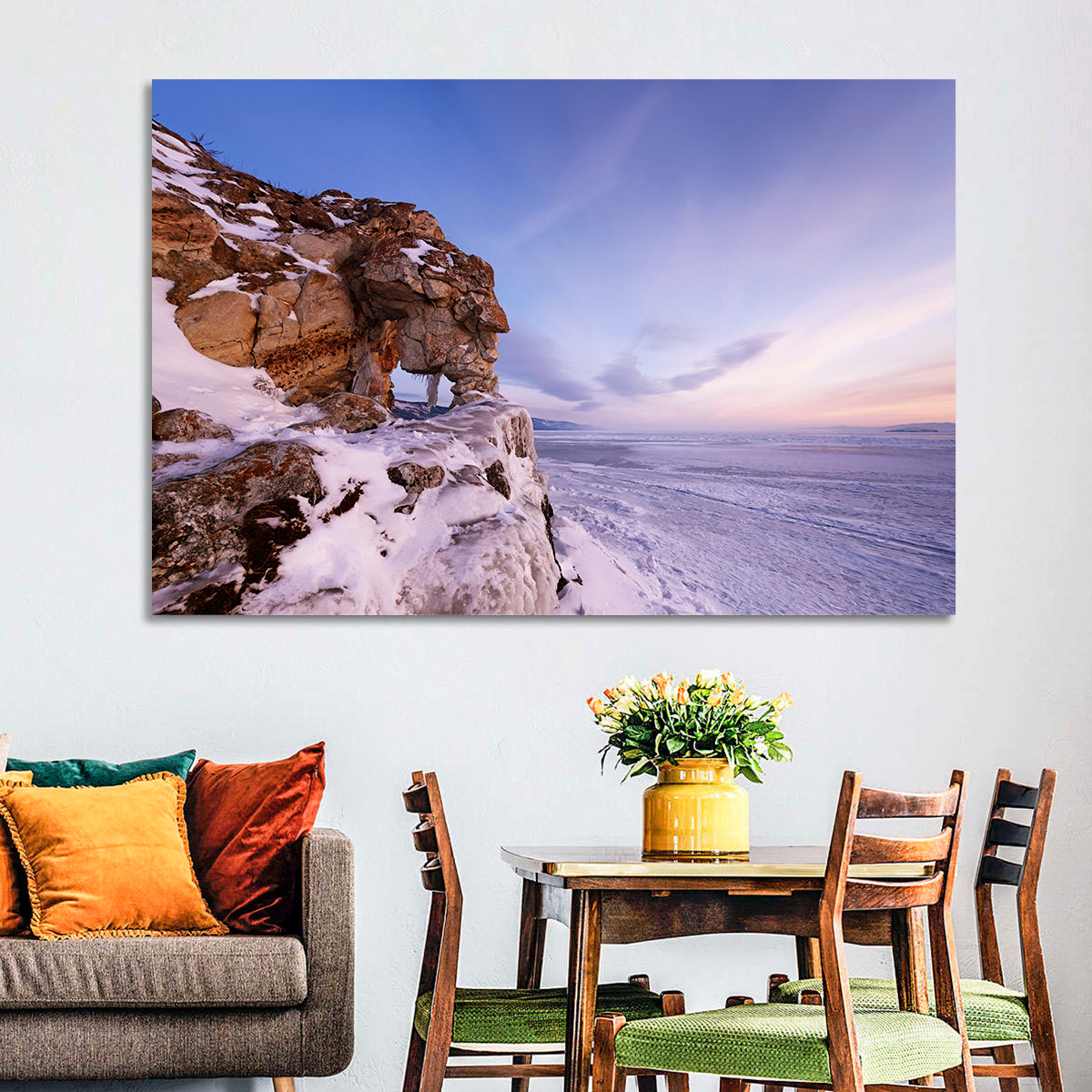 Lake Baikal Rock Arch at Winter Twilight Wall Art in a room, landscape