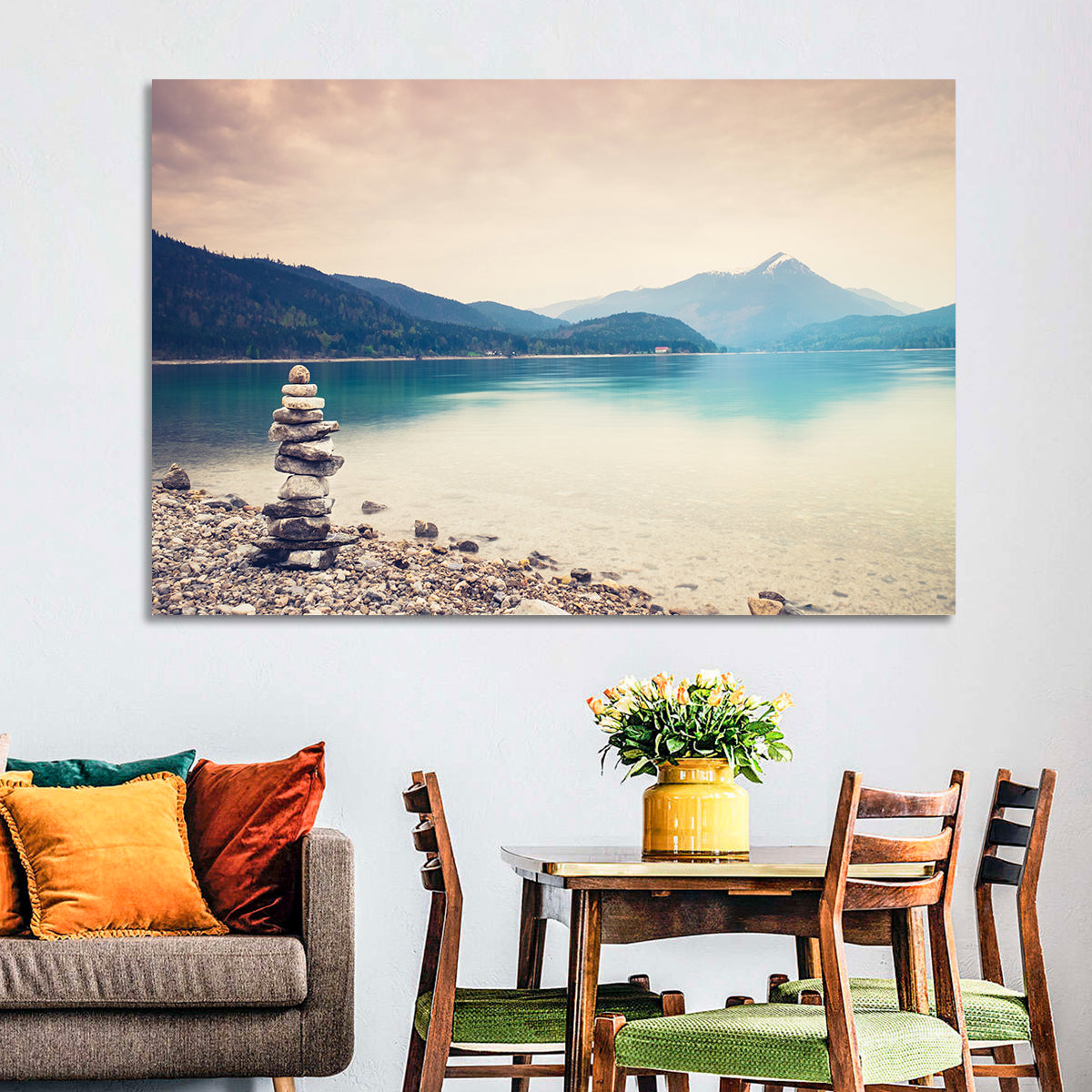 Stone Cairn by a Mountain Lake Wall Art in a room, landscape