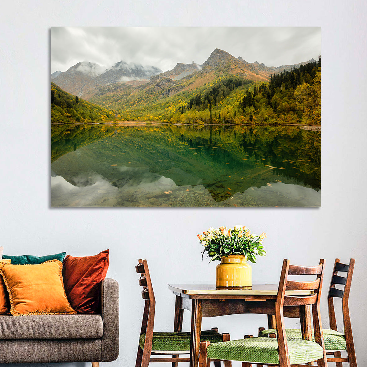 Kardyvach Lake Reflection Under Clouded Peaks Wall Art in a room, landscape