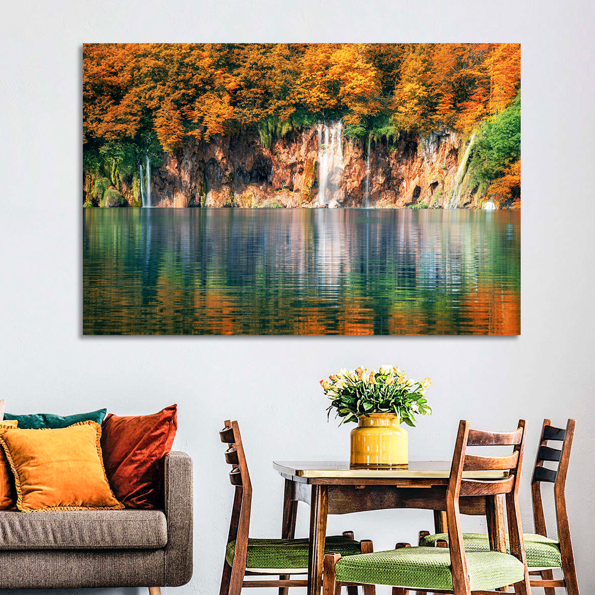 Autumn Reflections at Plitvice Lakes Wall Art in a room, landscape