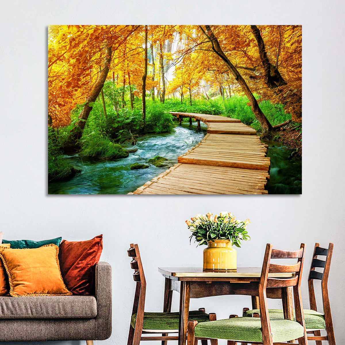 Plitvice Autumn Boardwalk Wall Art in a room, landscape