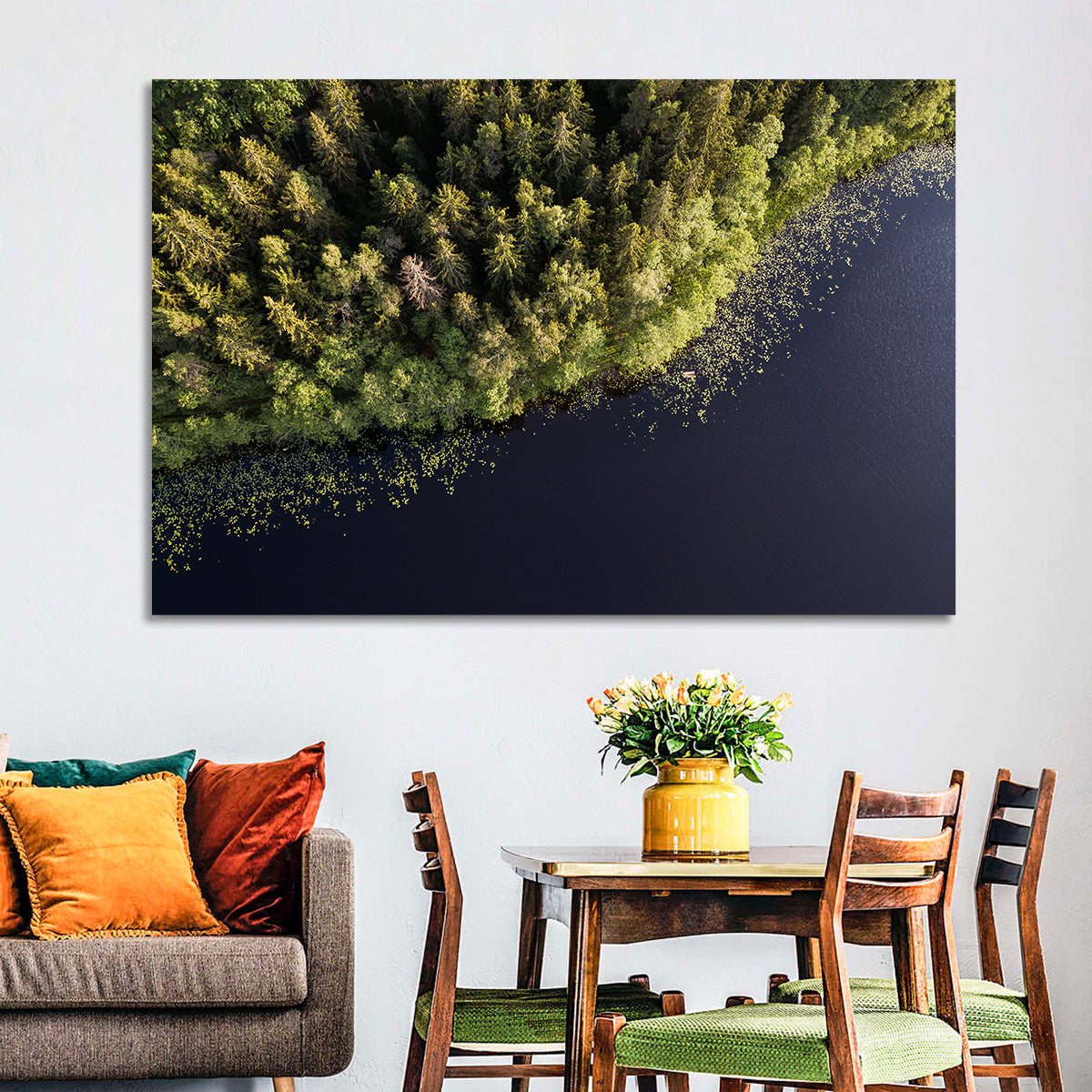 Aerial Lake with Red Boat Wall Art in a room, landscape