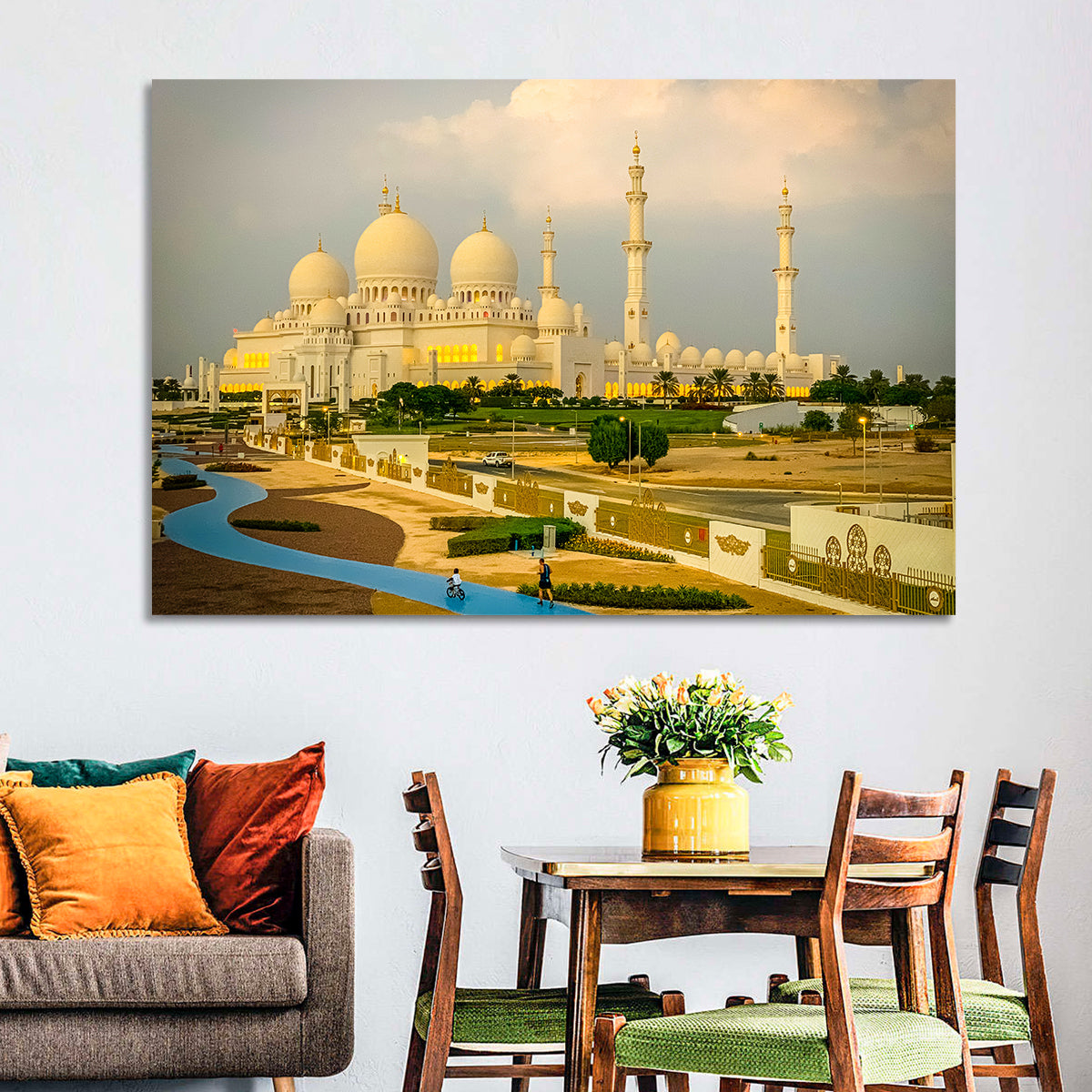 Sheikh Zayed Grand Mosque at Golden Dusk Wall Art in a room, landscape