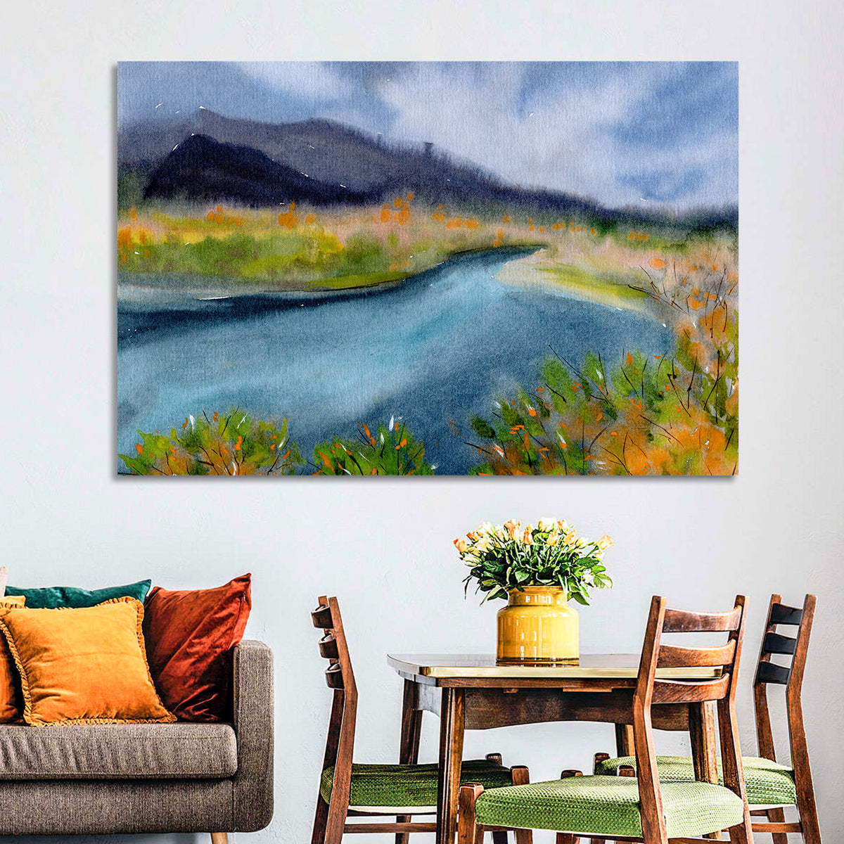 Misty Autumn River and Mountain Landscape Wall Art in a room, landscape