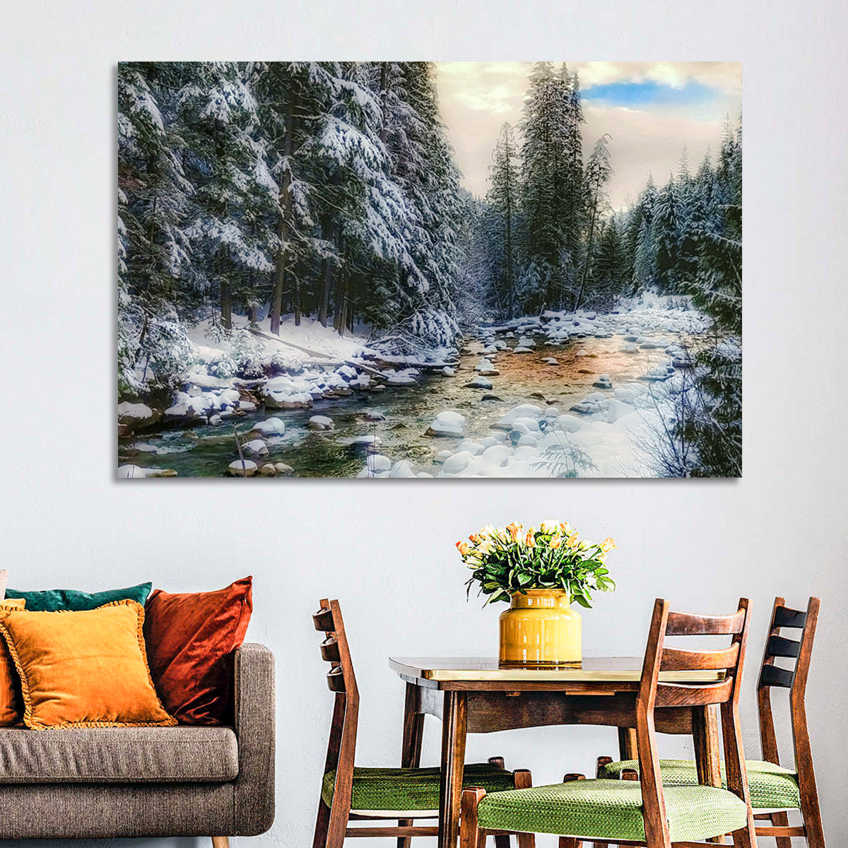 Winter Creek in Snowy Pines Wall Art in a room, landscape