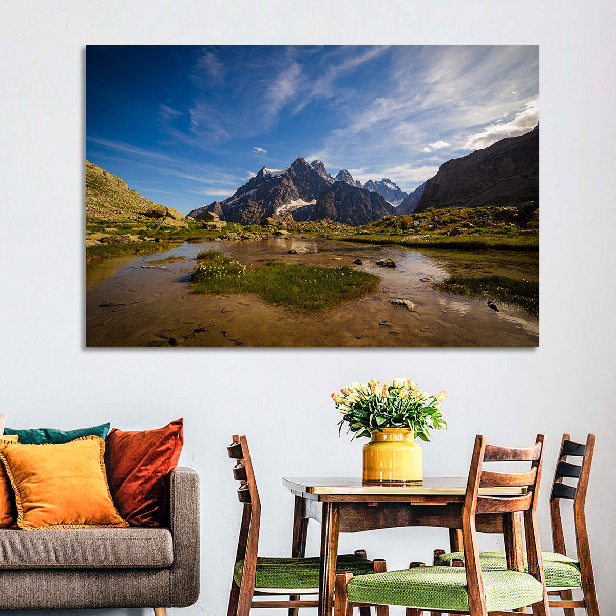 La Meije Alpine Lake and Stone Hut Wall Art in a room, landscape