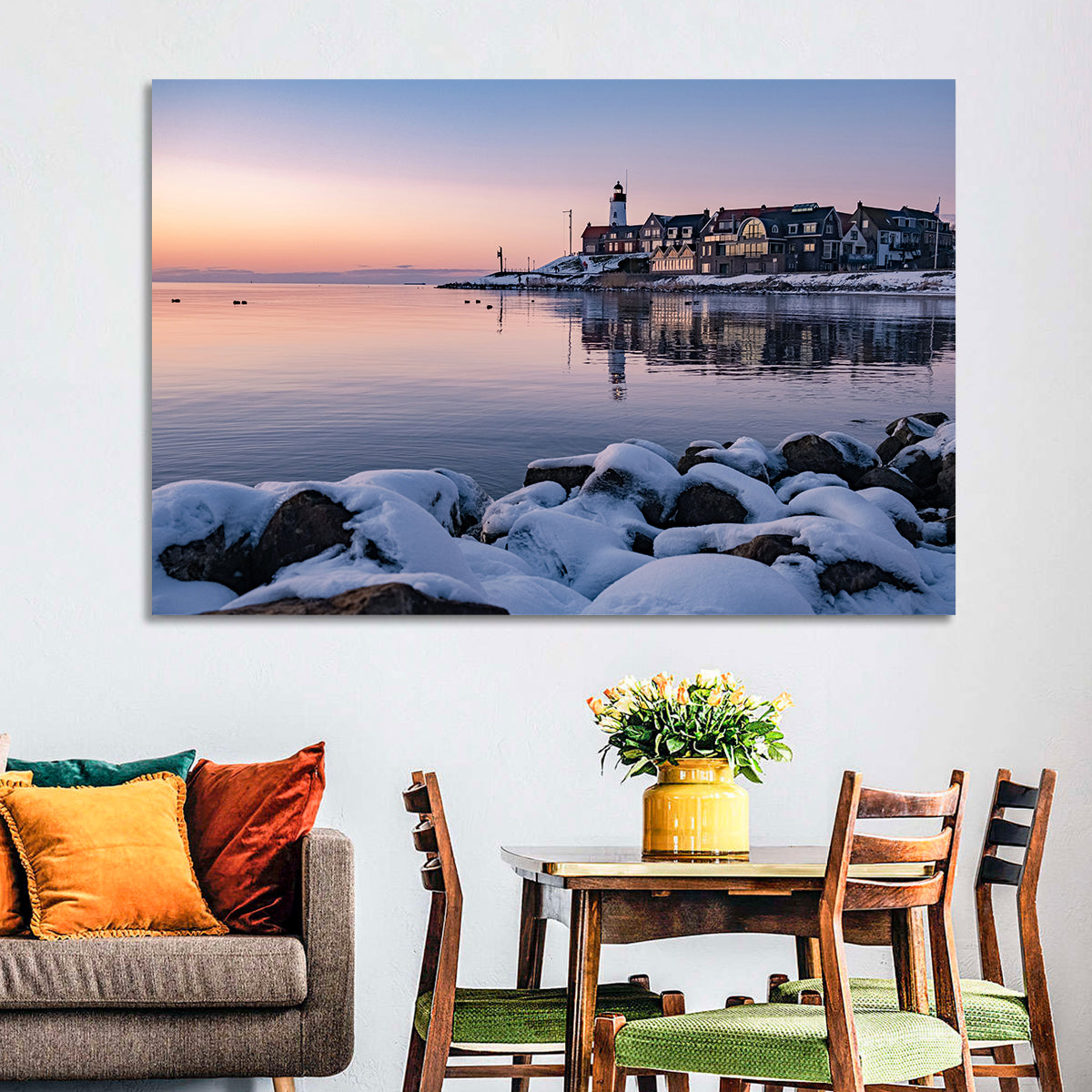 Urk Lighthouse Winter Twilight Harbor Wall Art