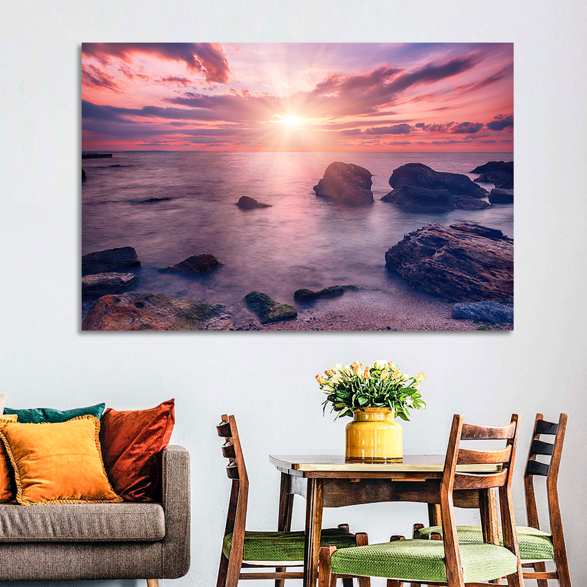 Ethereal Sea Sunrise Wall Art in a room, landscape