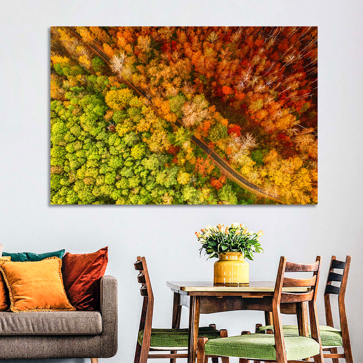 Winding Road Through Autumn Forest Wall Art in a room, landscape
