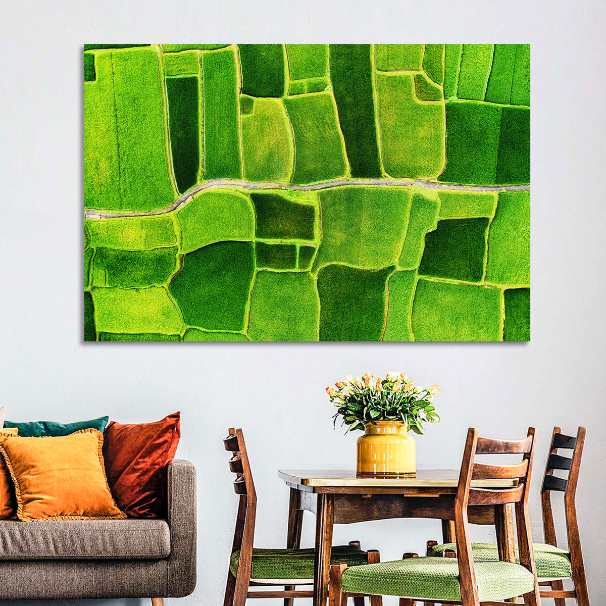 Verdant Rice Terrace Grid Wall Art in a room, landscape