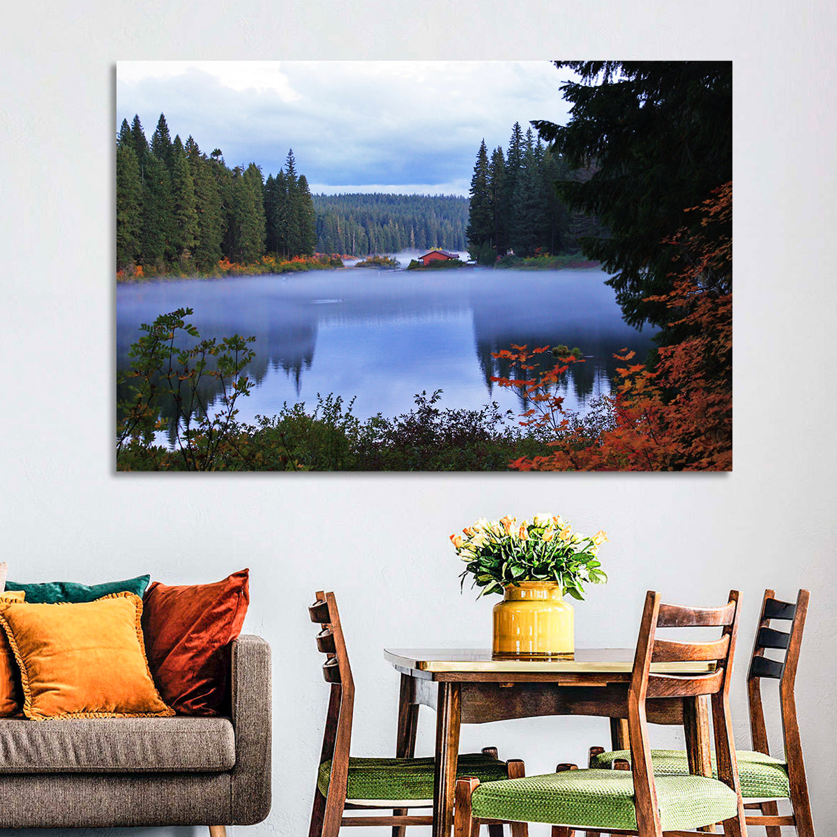 Lynn County Lake Cabin Reflection Wall Art in a room, landscape