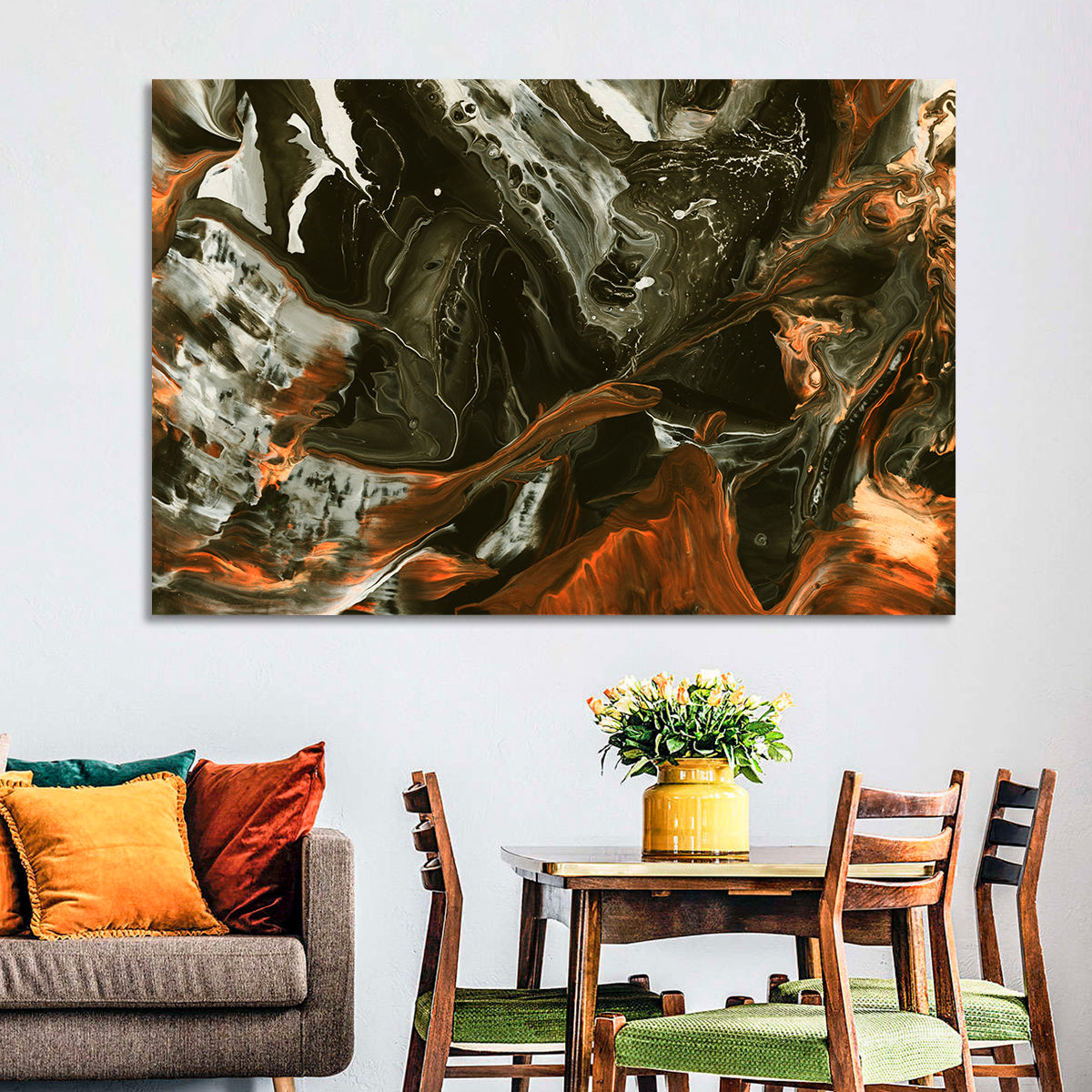Volcanic Marble Swirl Wall Art in a room, landscape