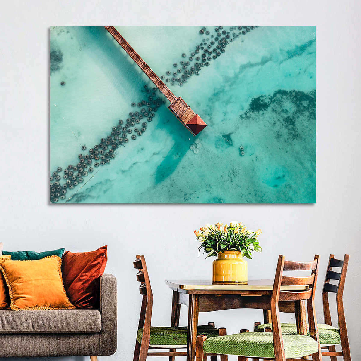 Aerial Red Pier Over Turquoise Water Wall Art in a room, landscape