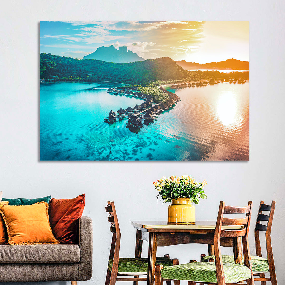 Bora Bora Overwater Bungalows Wall Art in a room, landscape