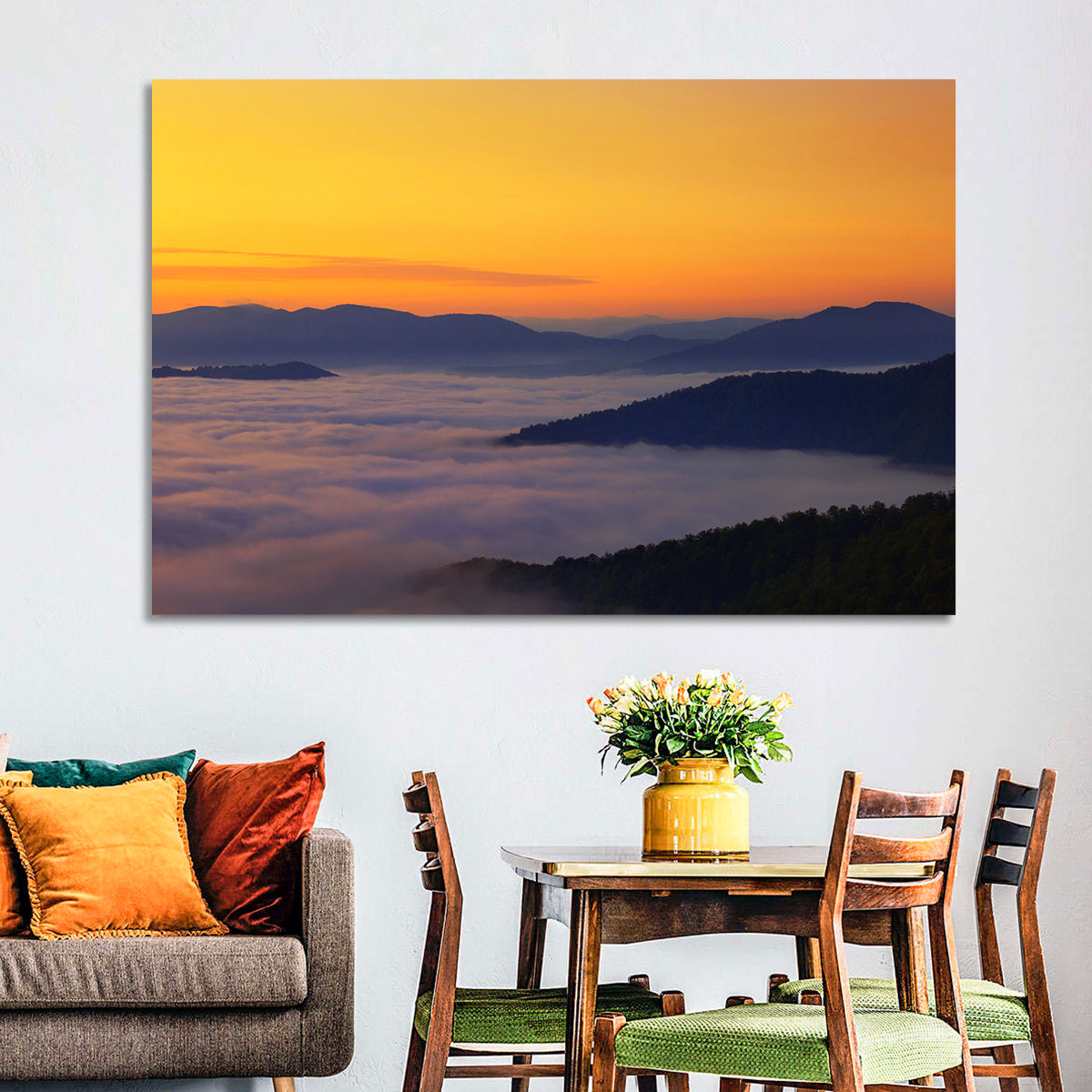 Cloud Sea Over Mountains at Golden Dawn Wall Art in a room, landscape