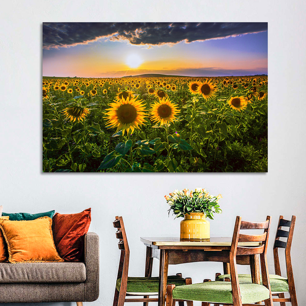 Sunflower Field at Golden Hour Wall Art in a room, landscape