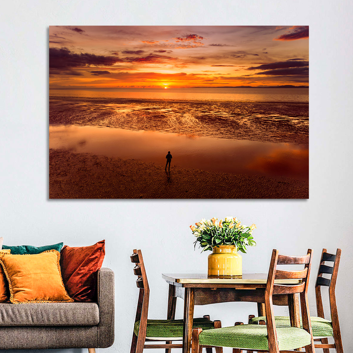 Solitary Figure on Sunset Shore Wall Art in a room, landscape
