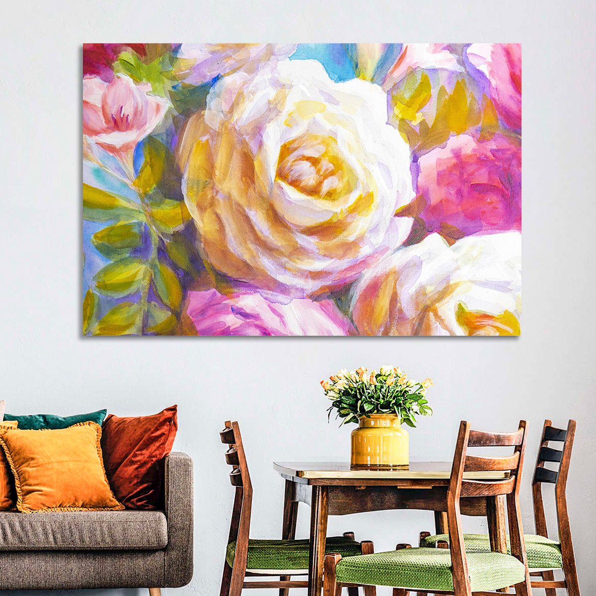 White and Gold Rose Bouquet Wall Art in a room, landscape