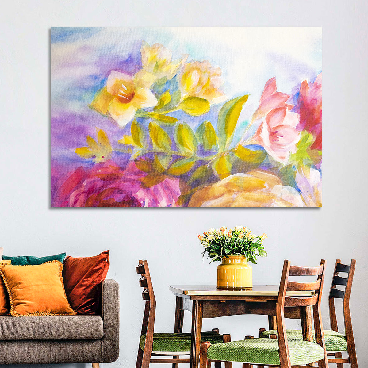 Pink and Yellow Watercolor Blossoms Wall Art in a room, landscape