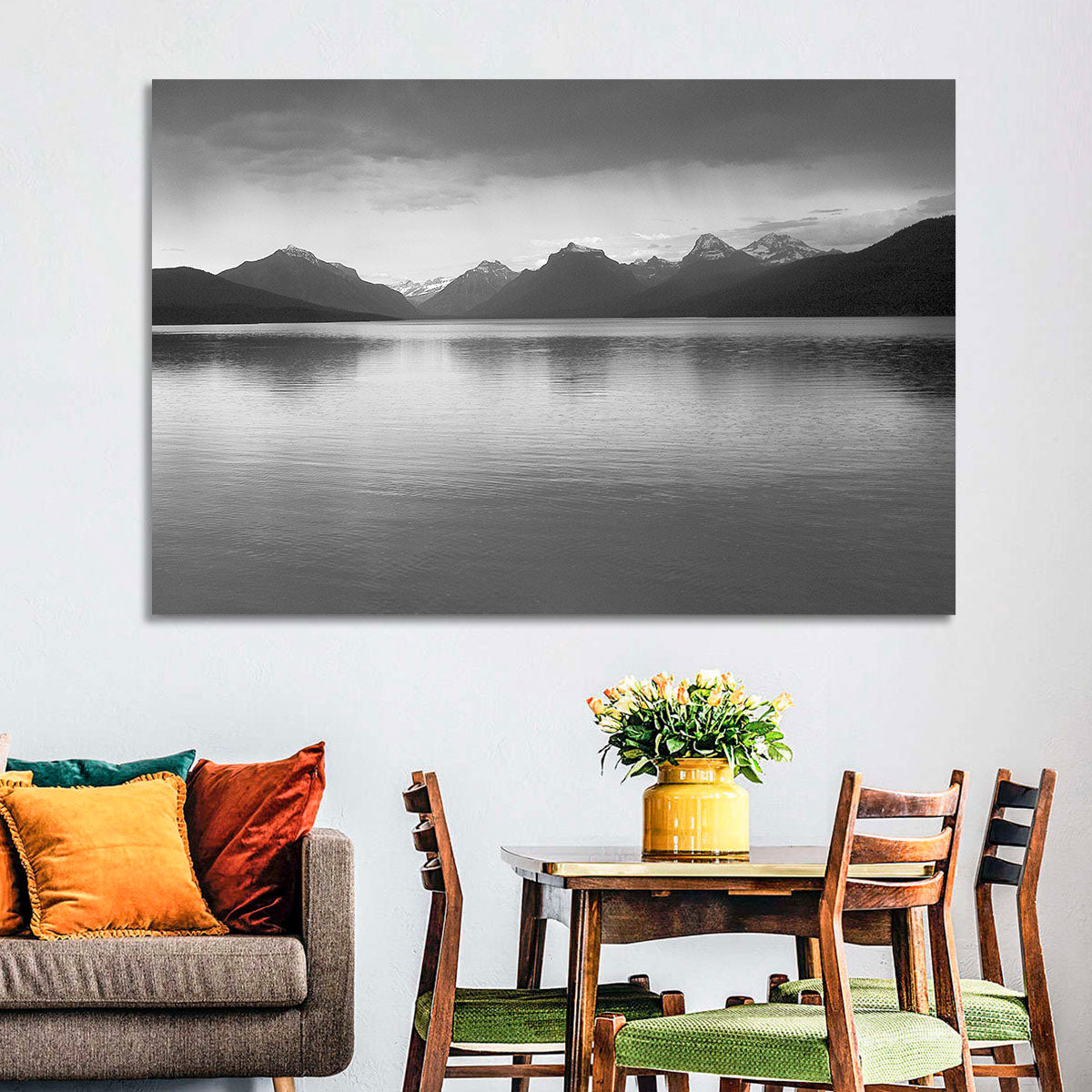 Lake Mcdonald Monochrome Reflection Wall Art in a room, landscape