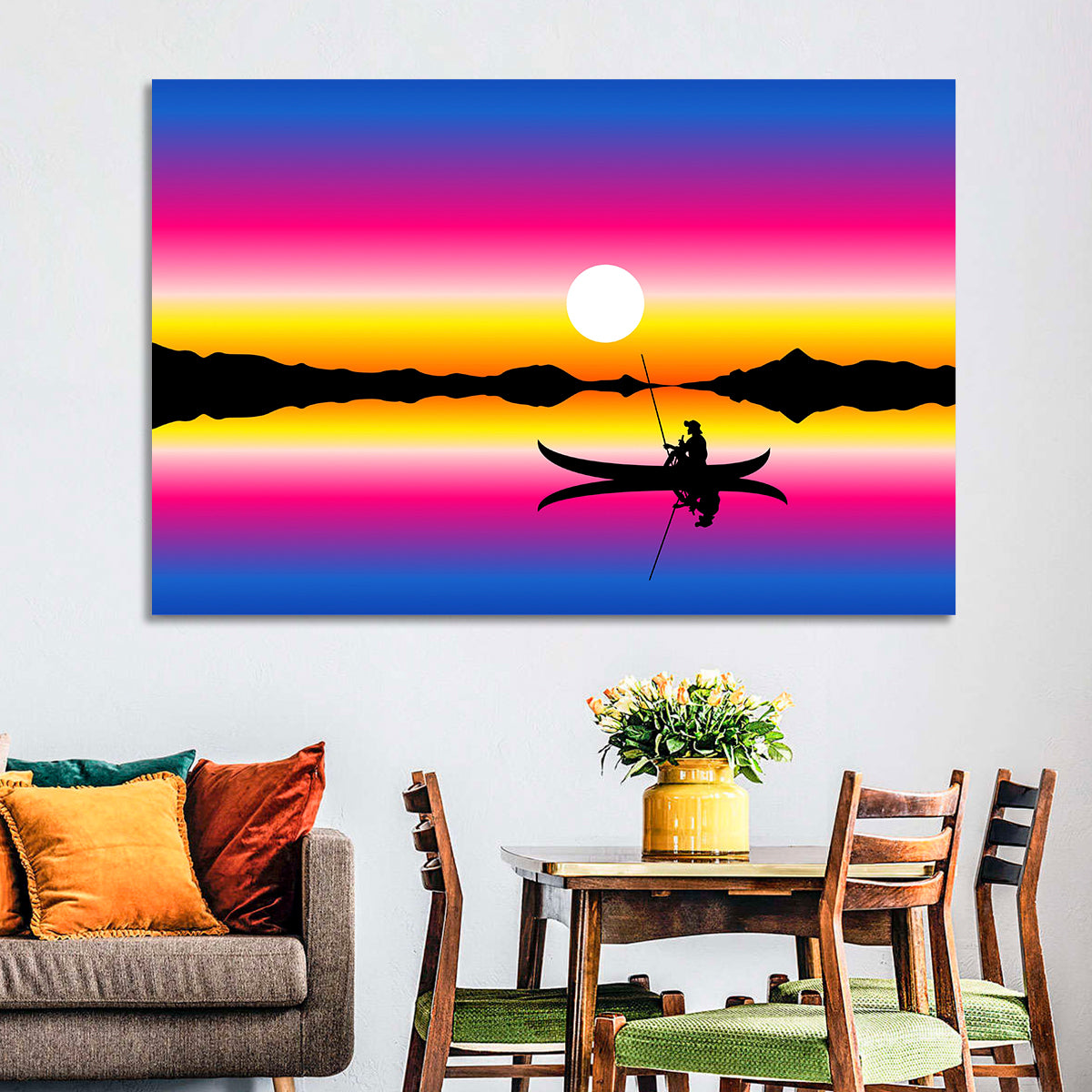 Fisherman Silhouette at Sunset Wall Art in a room, landscape