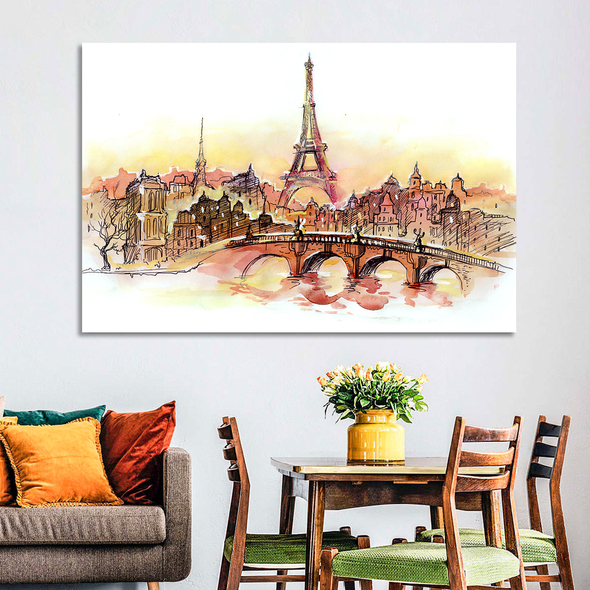 Eiffel Tower Watercolor at Dusk Wall Art in a room, landscape