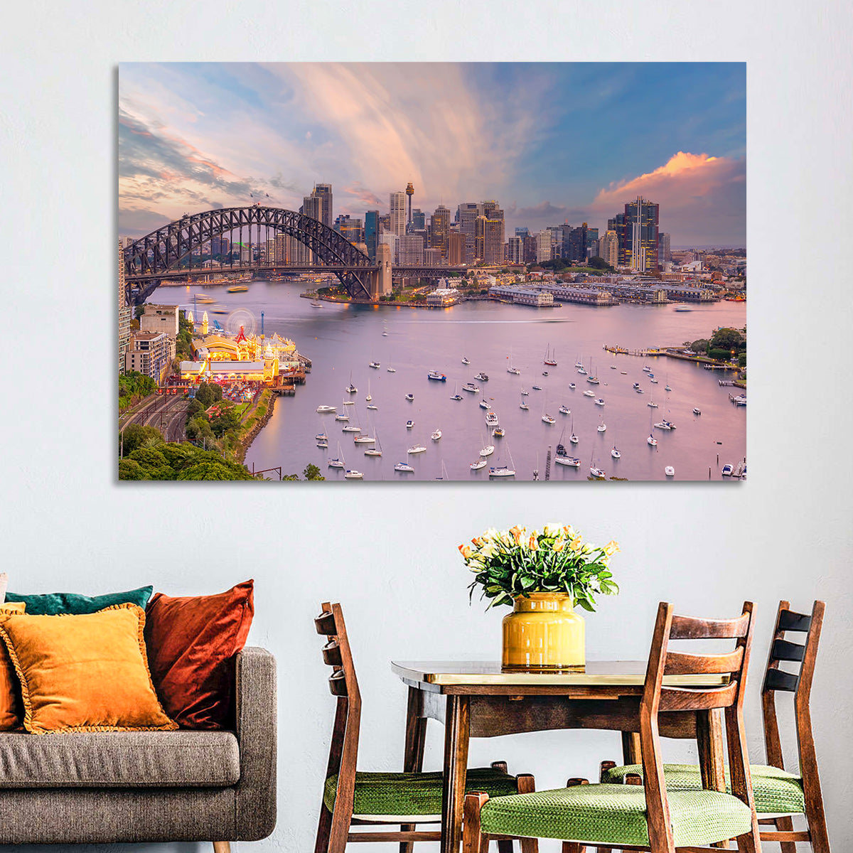 Sydney Harbour Bridge at Golden Twilight Wall Art in a room, landscape