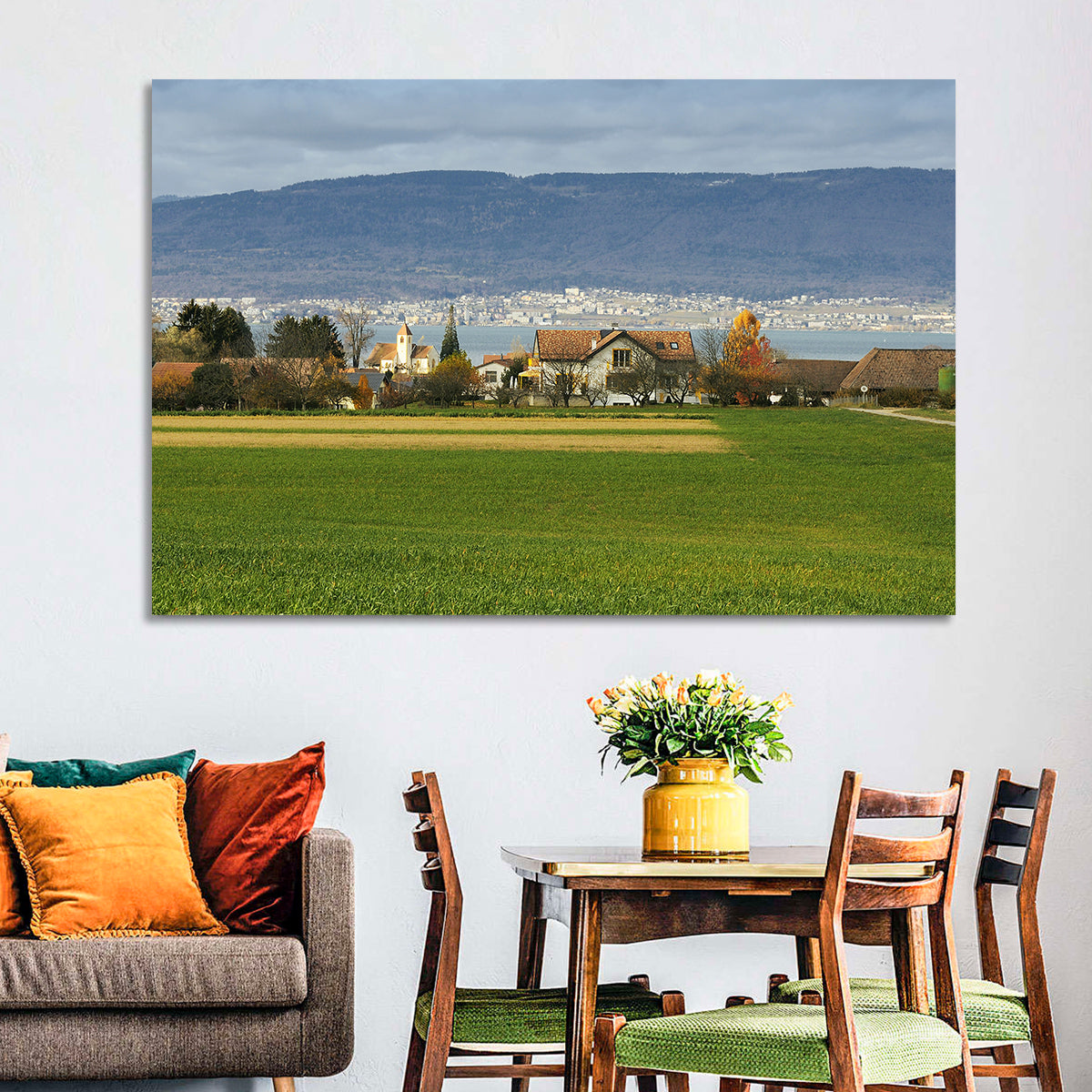 Lake Neuchatel Countryside View Wall Art in a room, landscape
