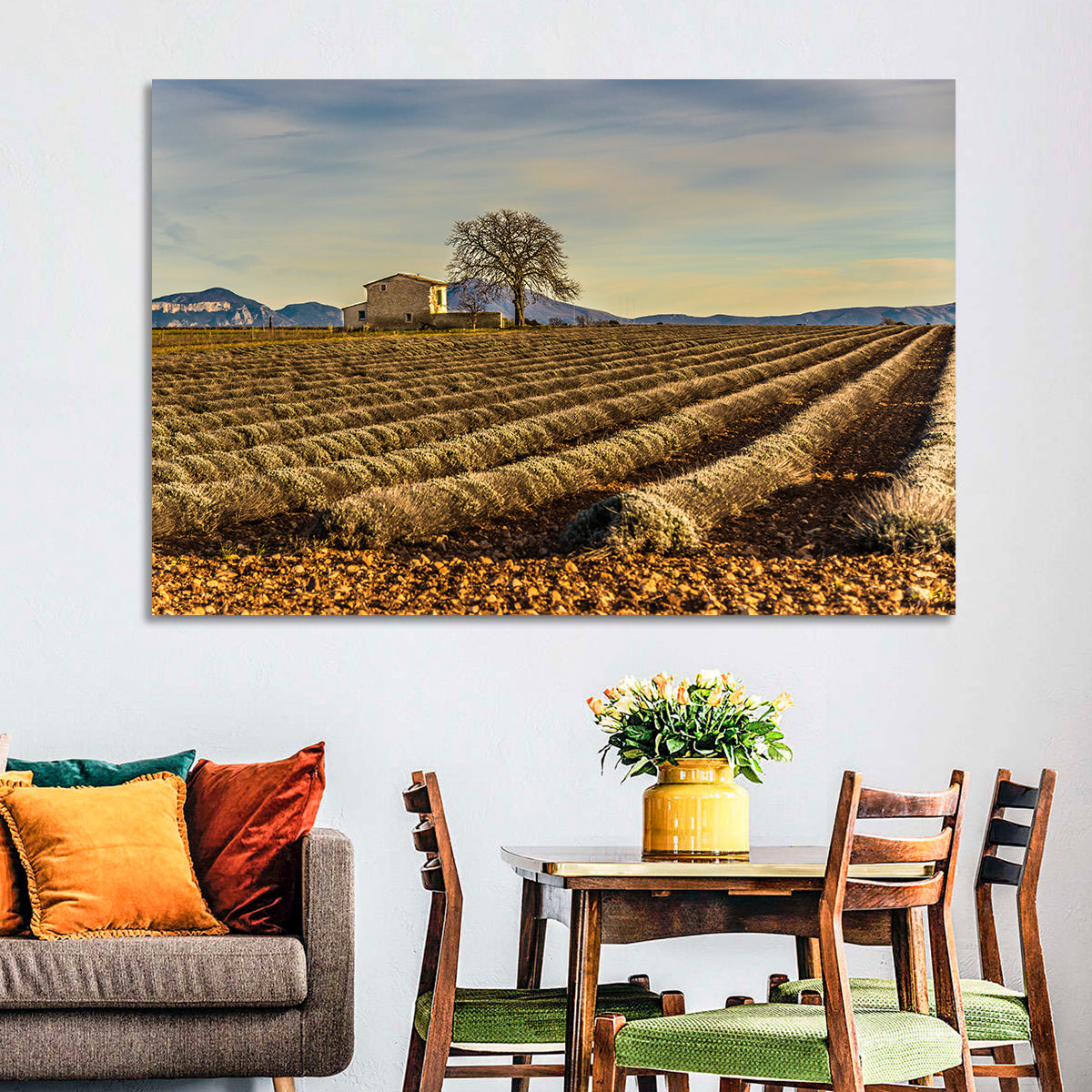 Rustic Provence Lavender Rows at Golden Hour Wall Art in a room, landscape