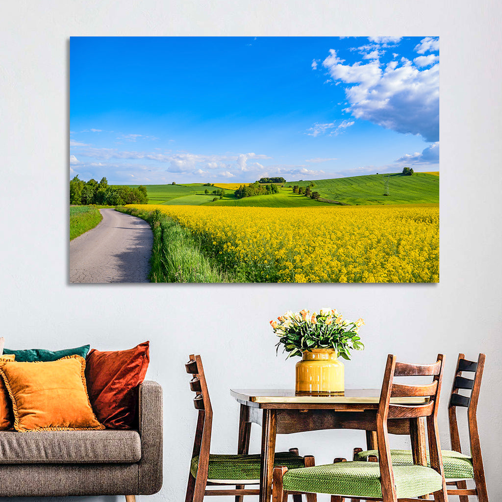 Rapeseed Field Road Under Blue Sky Wall Art