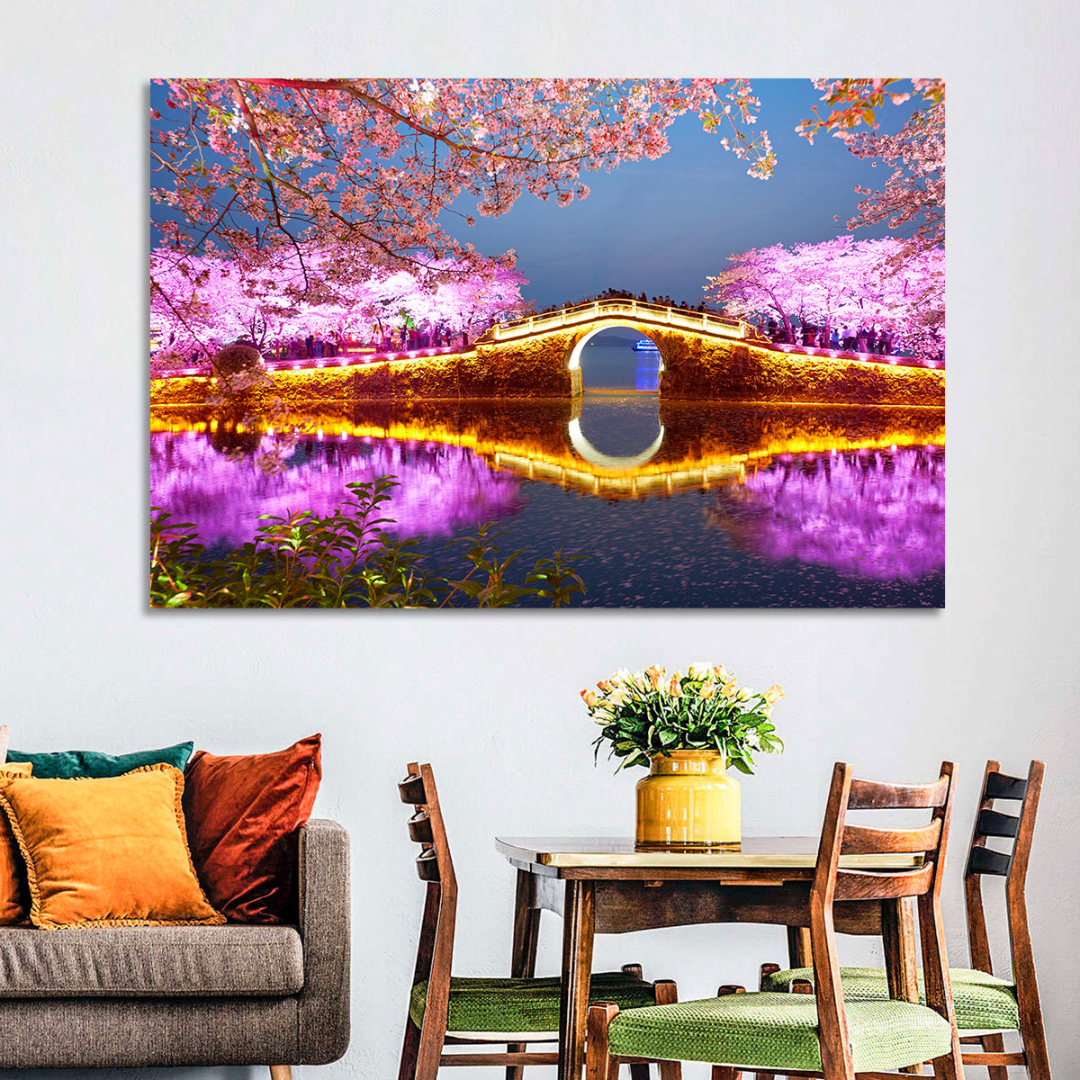 Illuminated Cherry Blossom Bridge Wall Art in a room, landscape