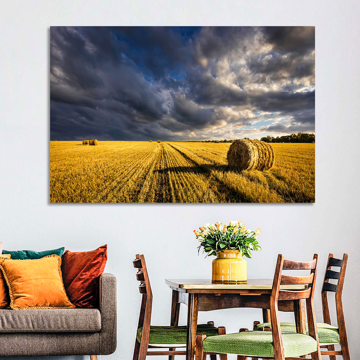 Hay Bale at Golden Hour Wall Art in a room, landscape