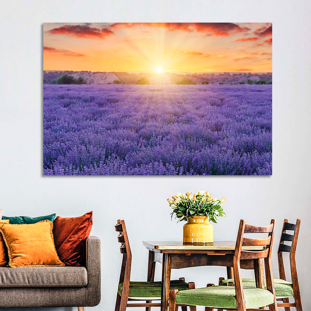 Lavender Field Sunburst Wall Art in a room, landscape