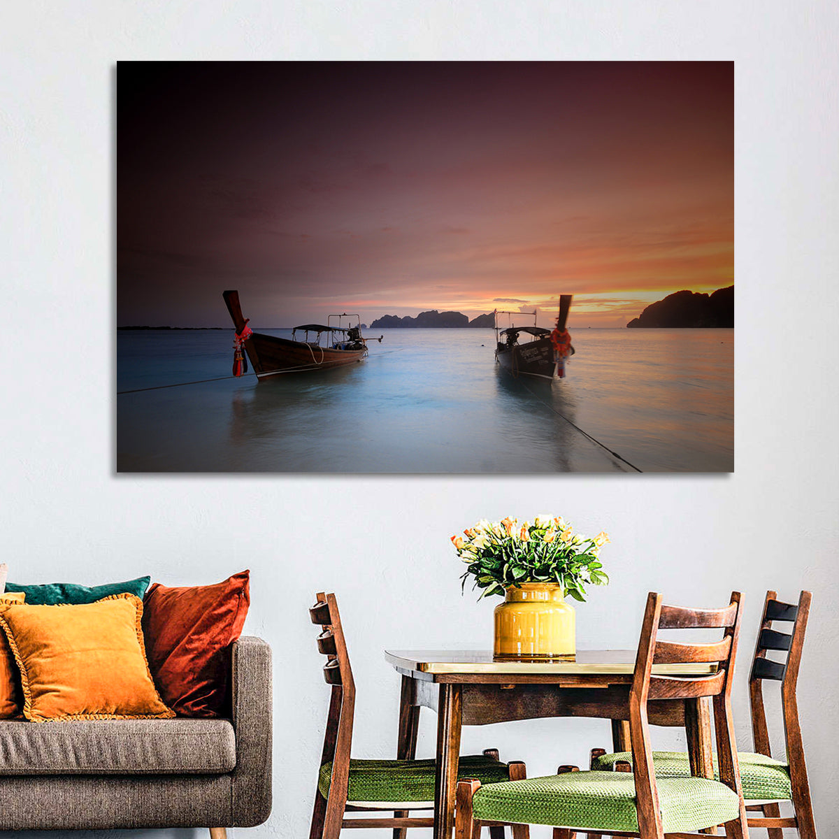 Phi Phi Longtail Boats at Golden Hour Wall Art in a room, landscape