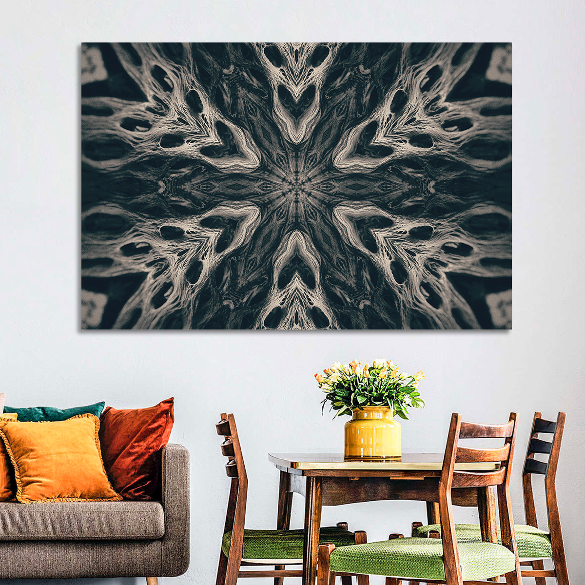 Black Gothic Demon Mandala Wall Art in a room, landscape