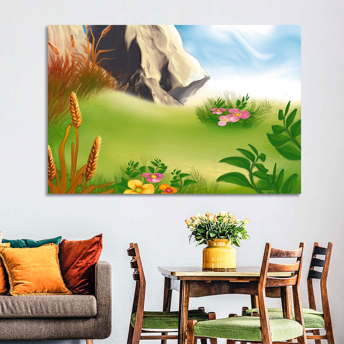 Sunny Mountain Meadow Illustration Wall Art
