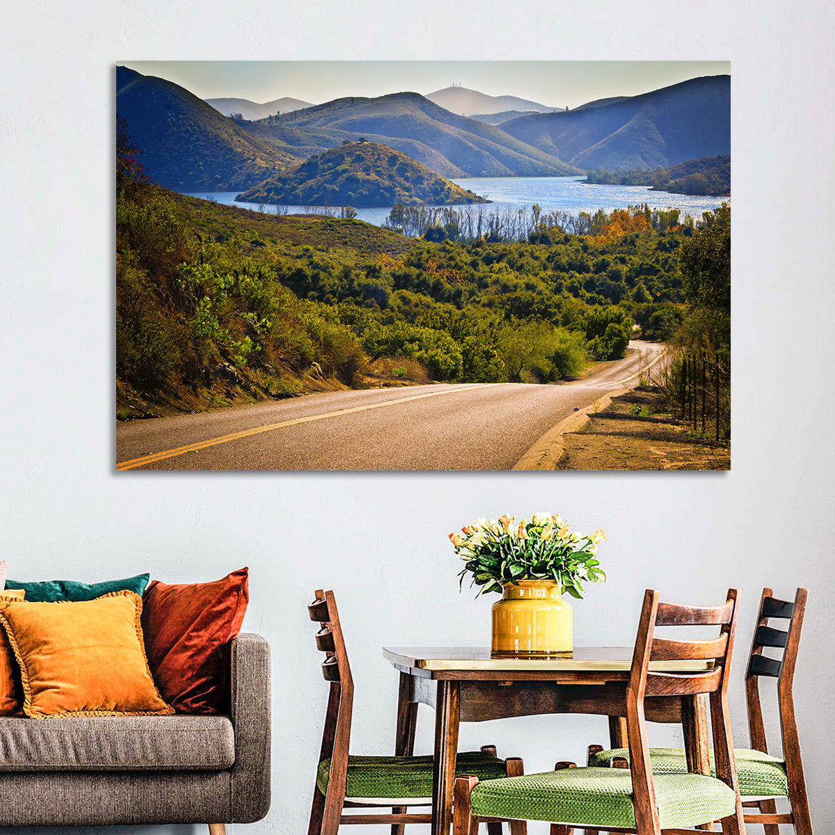 Lake Hodges Roadside Vista Wall Art in a room, landscape