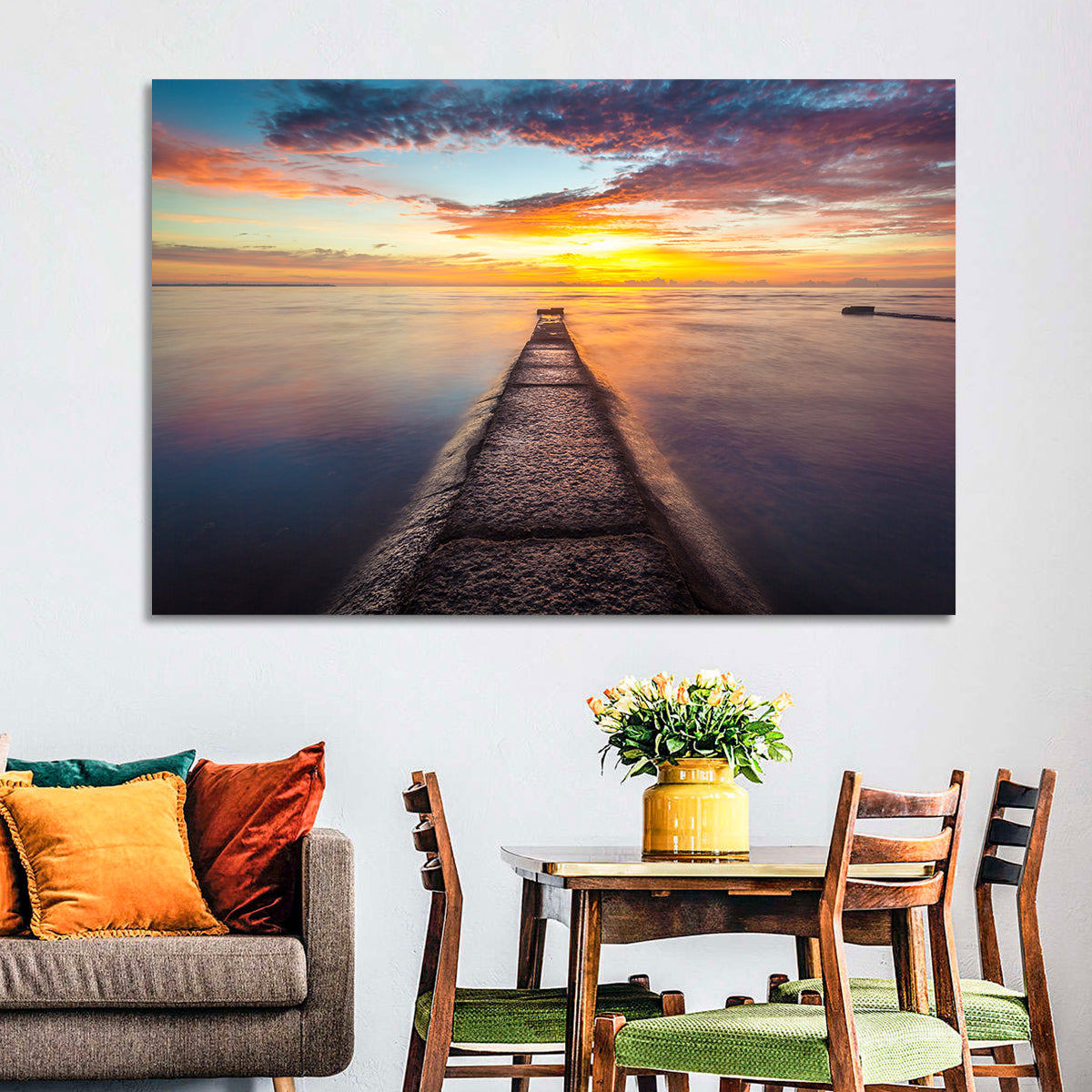 Stone Pier to Glowing Horizon Wall Art in a room, landscape