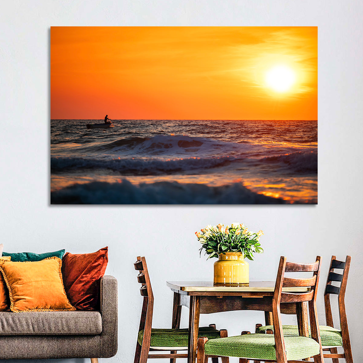 Sunset Fisherman Wall Art in a room, landscape