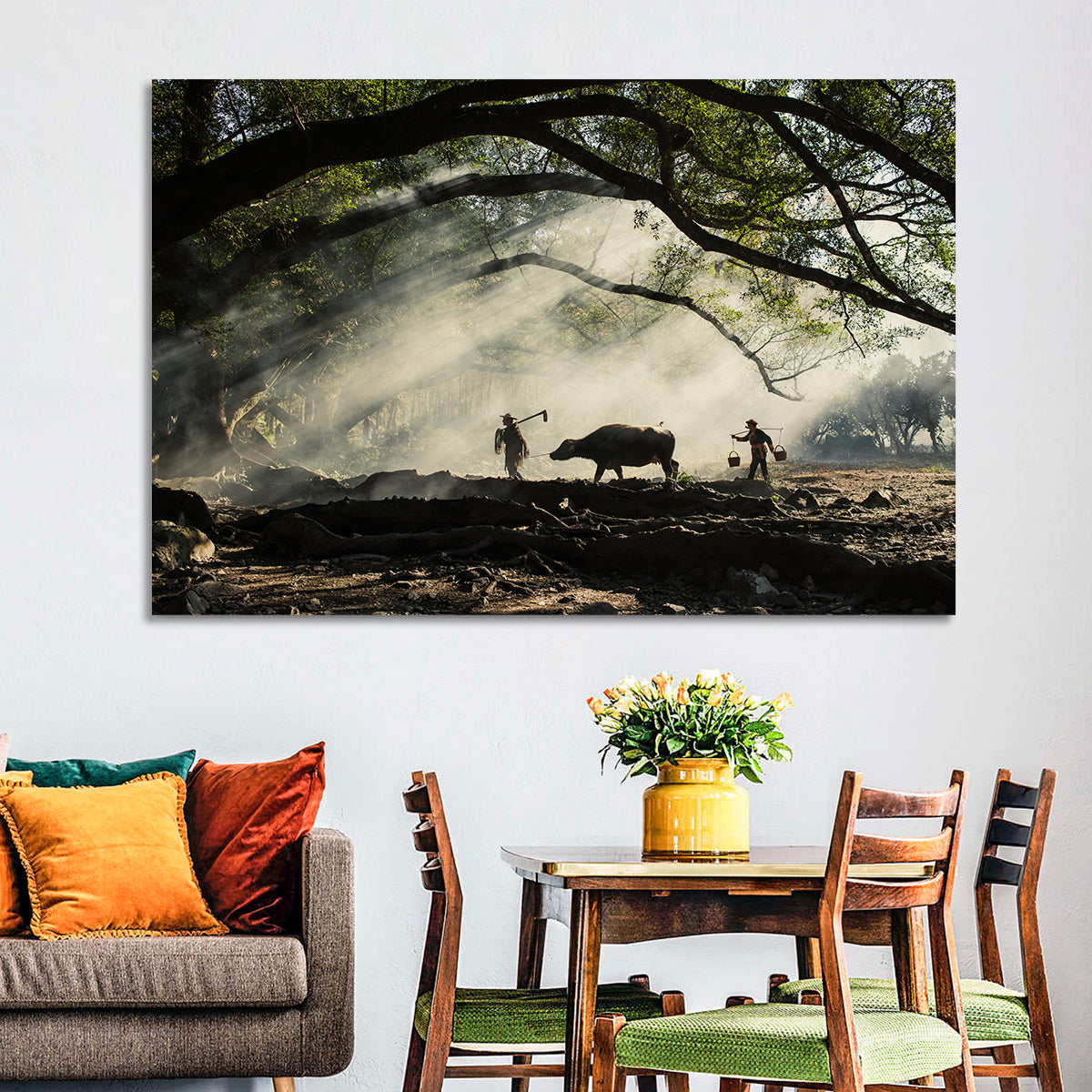 Village Morning with Buffalo Wall Art in a room, landscape