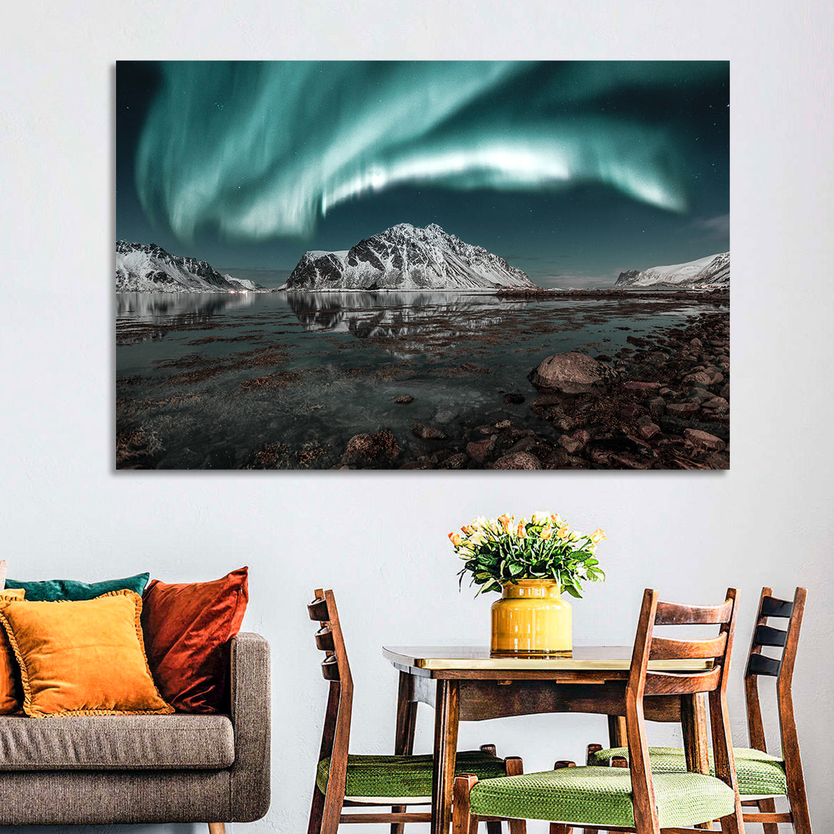 Lofoten Aurora Reflection Wall Art in a room, landscape