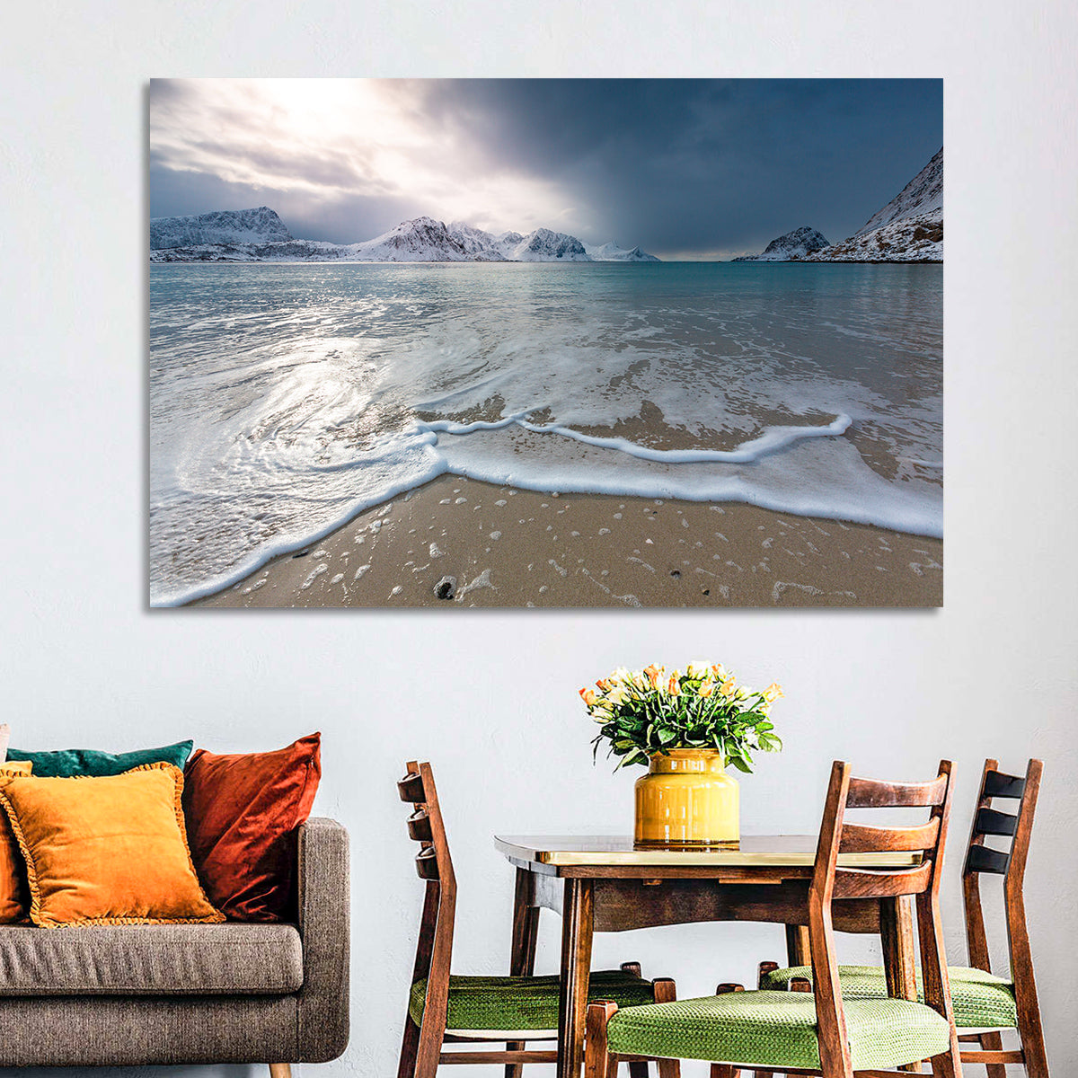 Haukland Beach Winter Light Wall Art in a room, landscape
