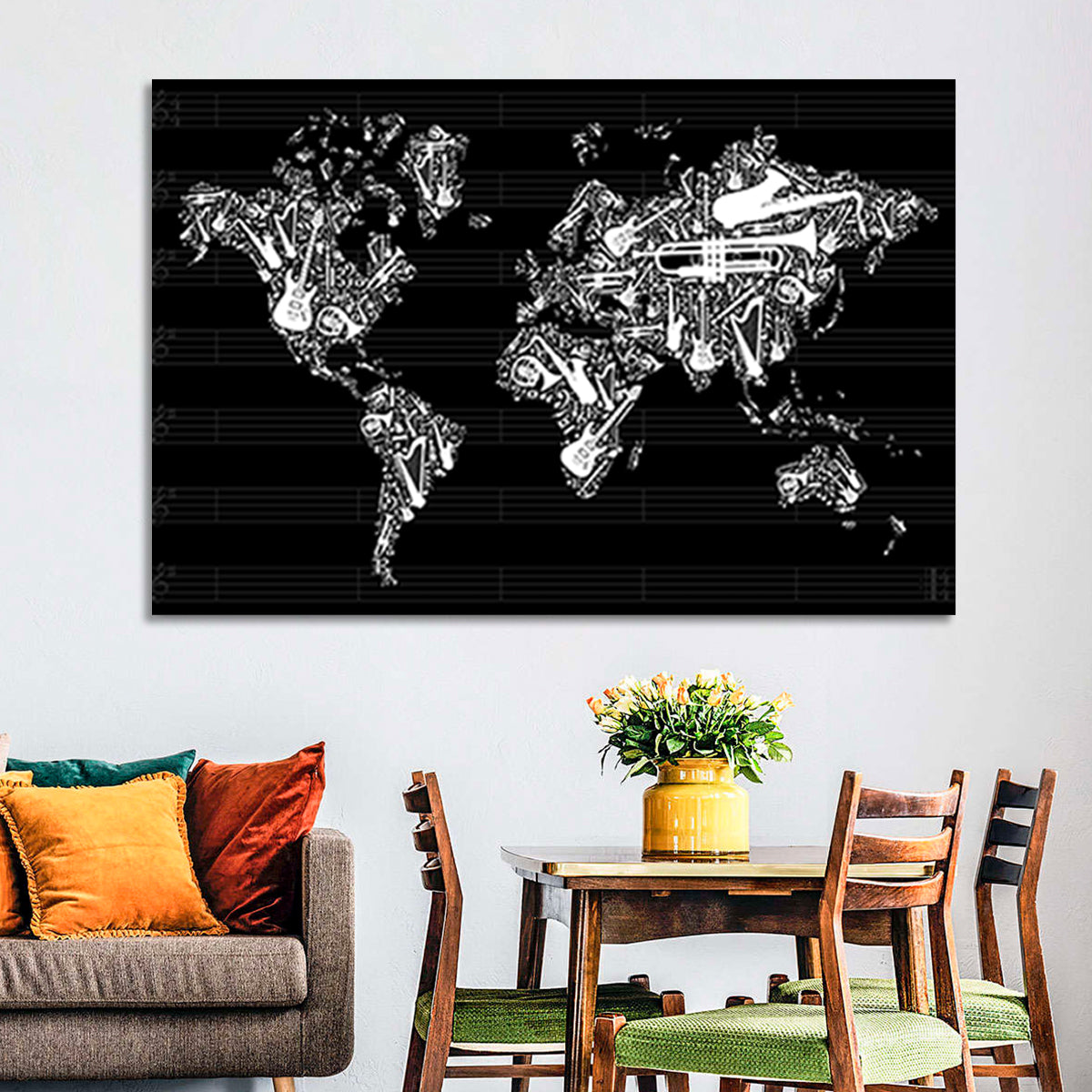 Instrument Silhouette World Map Wall Art in a room, landscape