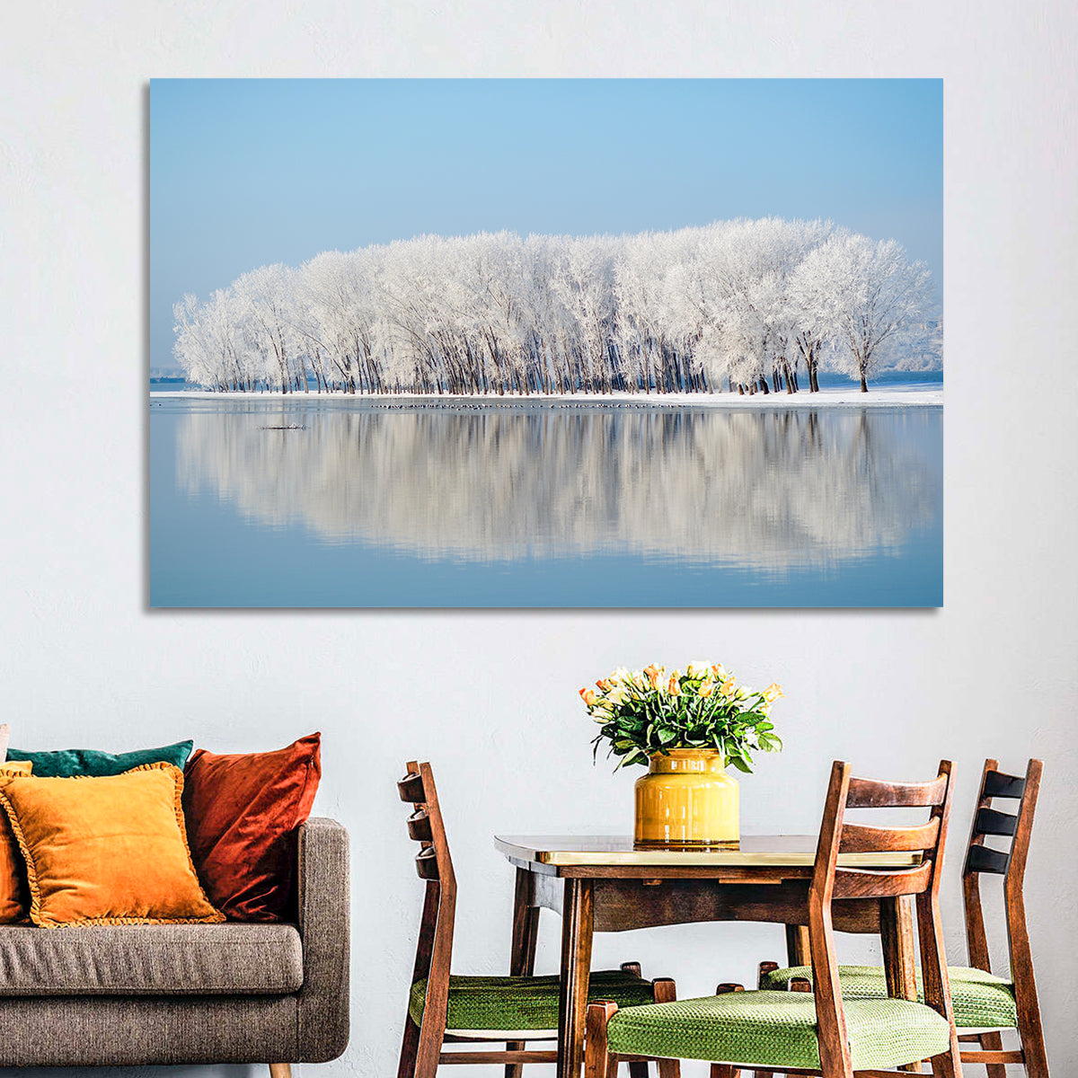 Frost Covered Lakeside Trees Wall Art in a room, landscape