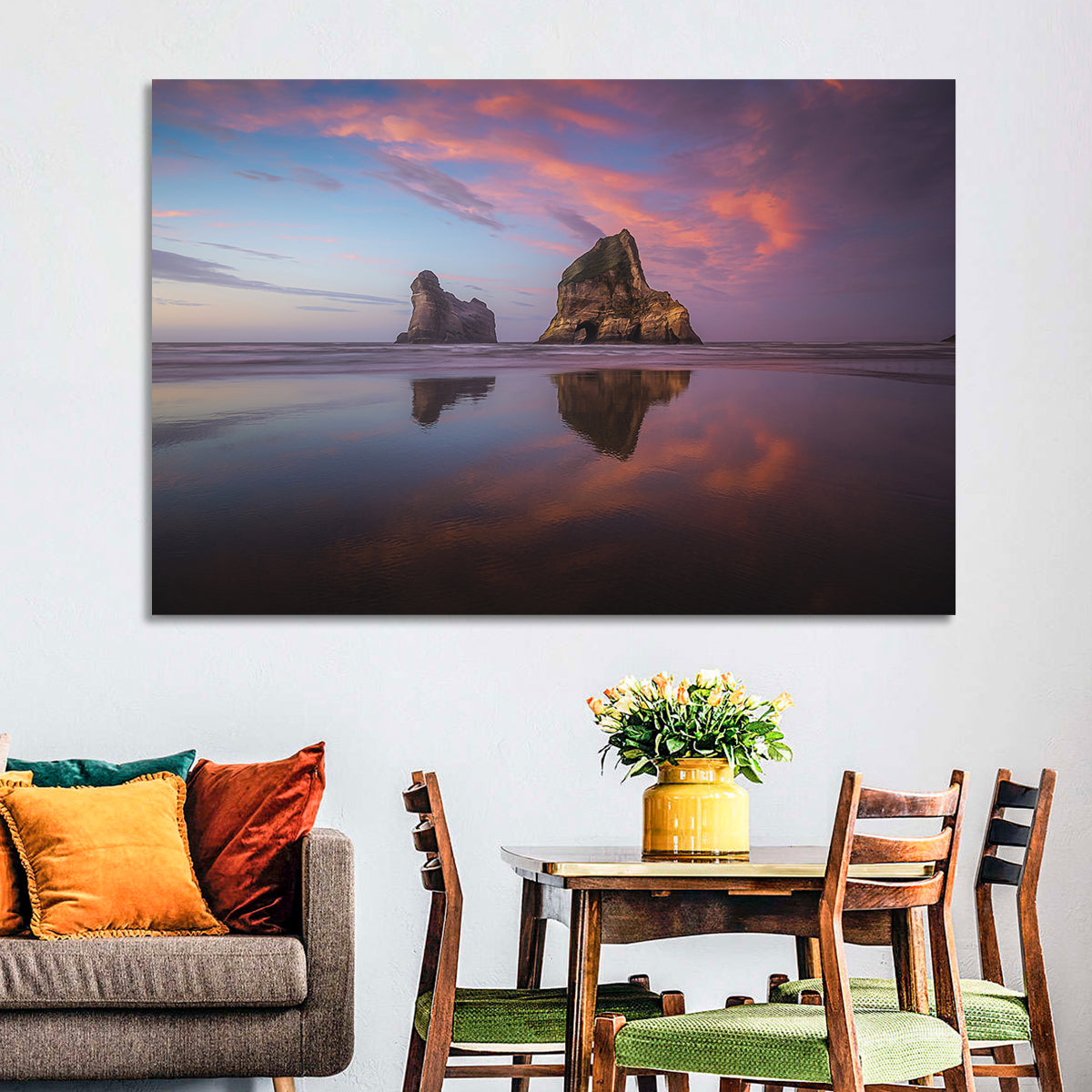 Wharariki Beach Sunrise Wall Art in a room, landscape