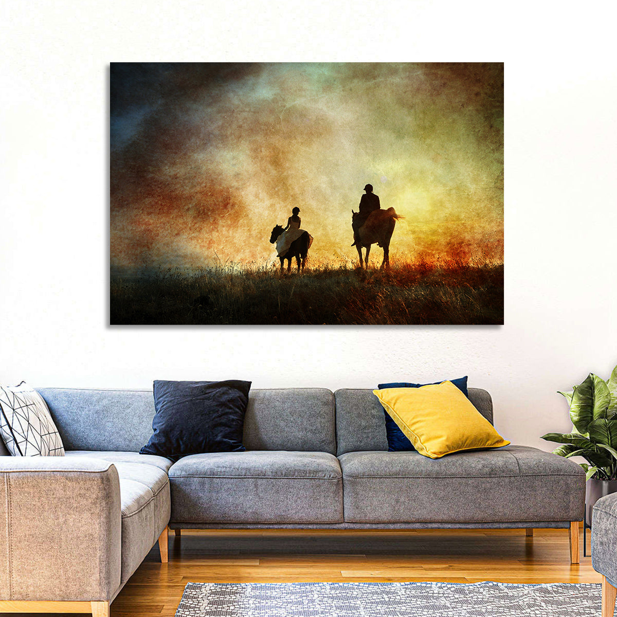Silhouetted Horse Riders at Sunset Wall Art in a room, landscape