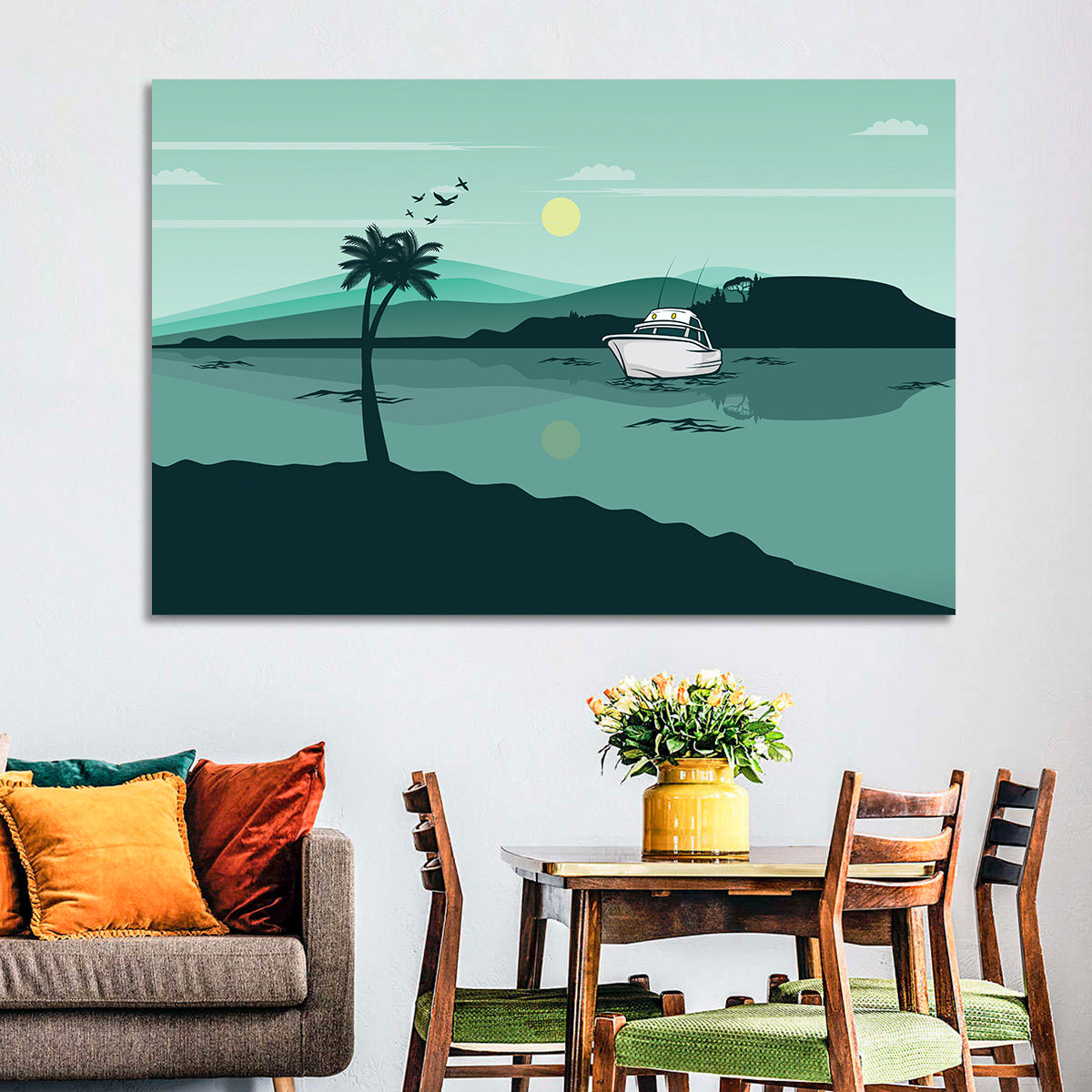 Teal Lake Boat with Palm Tree Wall Art