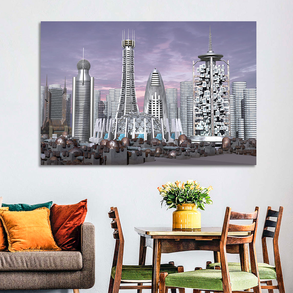 Purple Dusk Futuristic Cityscape Wall Art in a room, landscape