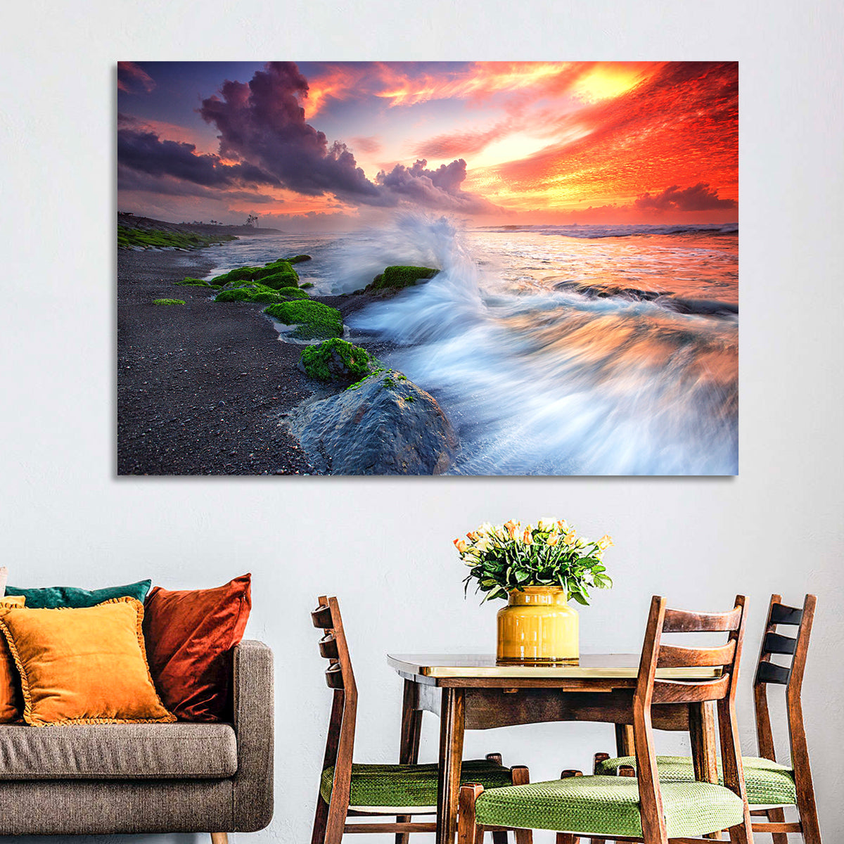 Ocean Waves Under Burning Sky Wall Art in a room, landscape