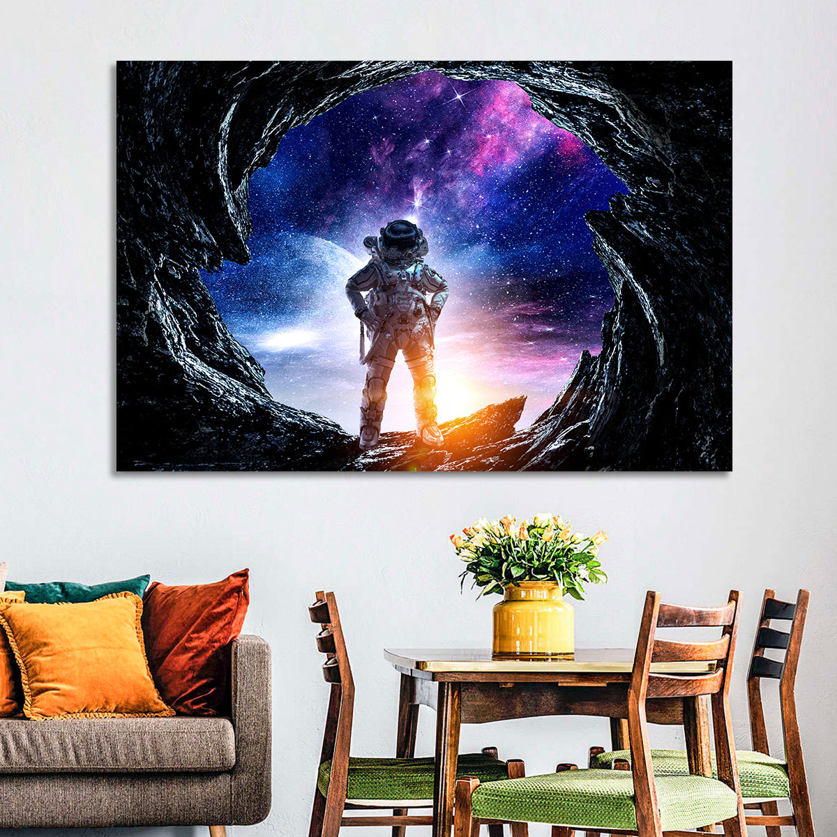 Astronaut at Alien Planet Cave Wall Art in a room, landscape